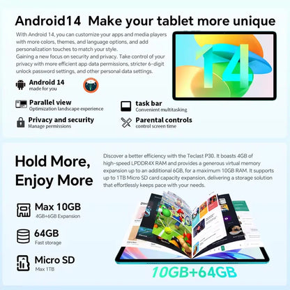 Teclast P30 Android 14 Tablet 10.1 Inch Ips Max 10Gb Ram 64Gb Rom A523 Octa-Core Tüv Rheinland Certification Wifi 6 Tablets